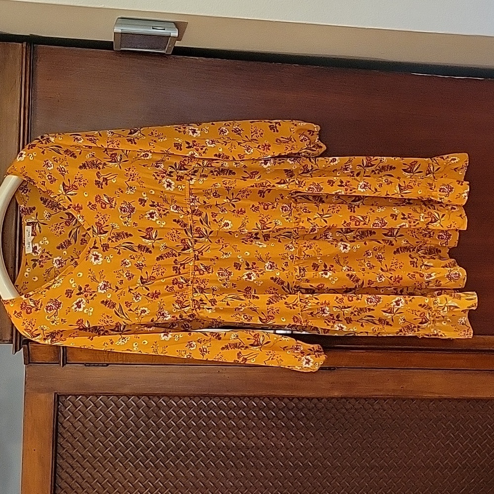 Indigo Soul | Floral V-neck Mustard Yellow Midi Long Sleeve Country Dress - L